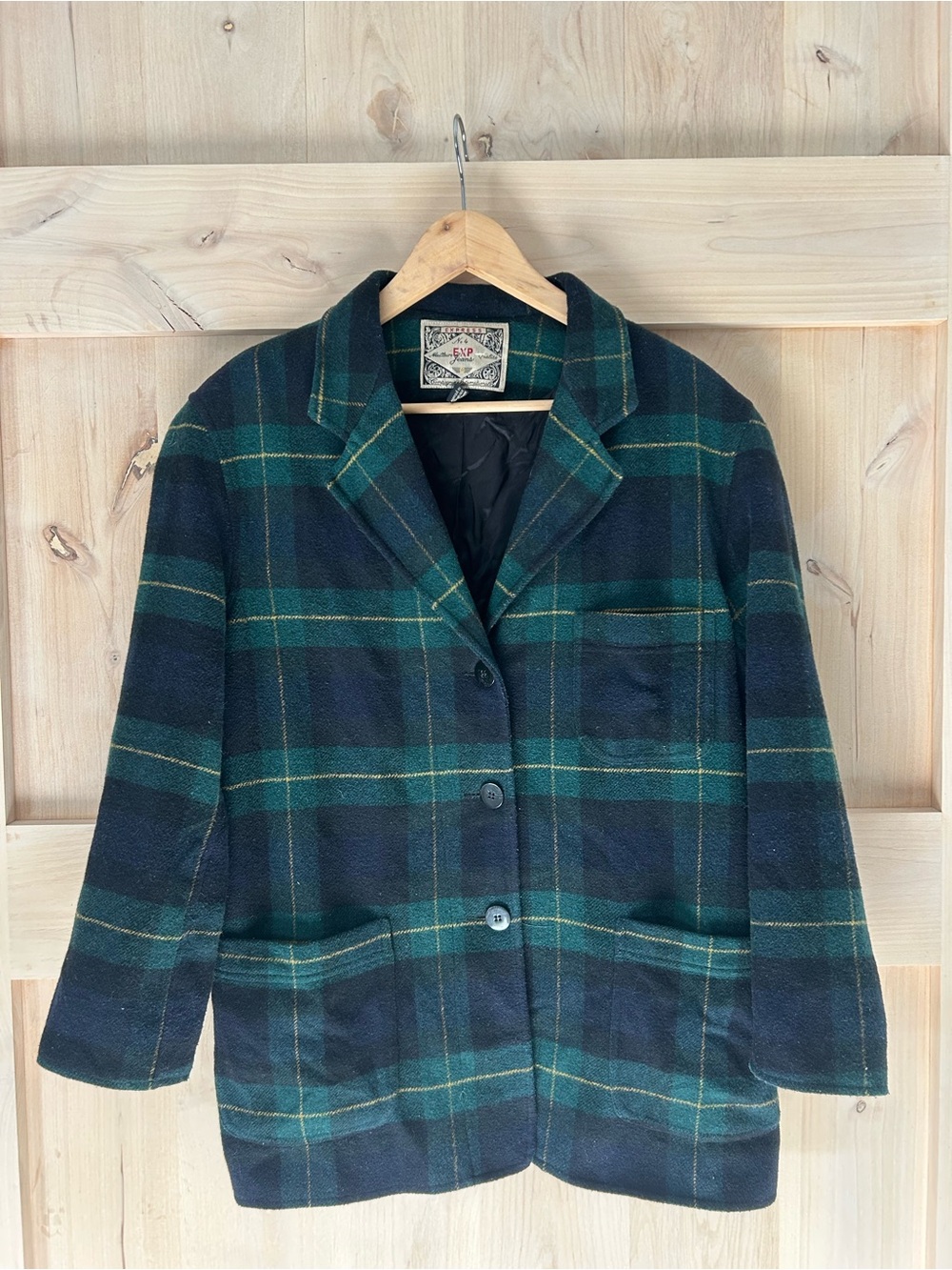 Express Women’s 90s Vintage Woolblend green plaid tartan boxy Jacket, Medium
